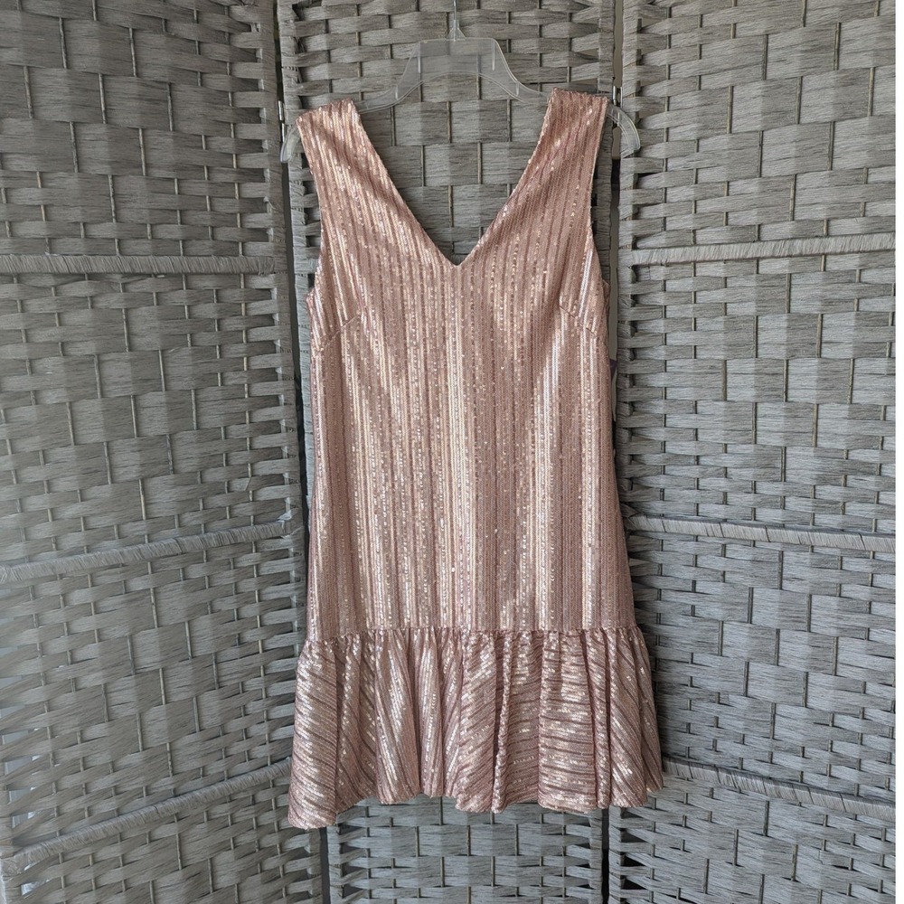 Betsey Johnson Mini Dress Drop Waist Rose Gold Sequin Ruffle Hem Glam Wedding